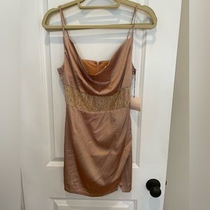 superdown champagne mini cowl dress with lace